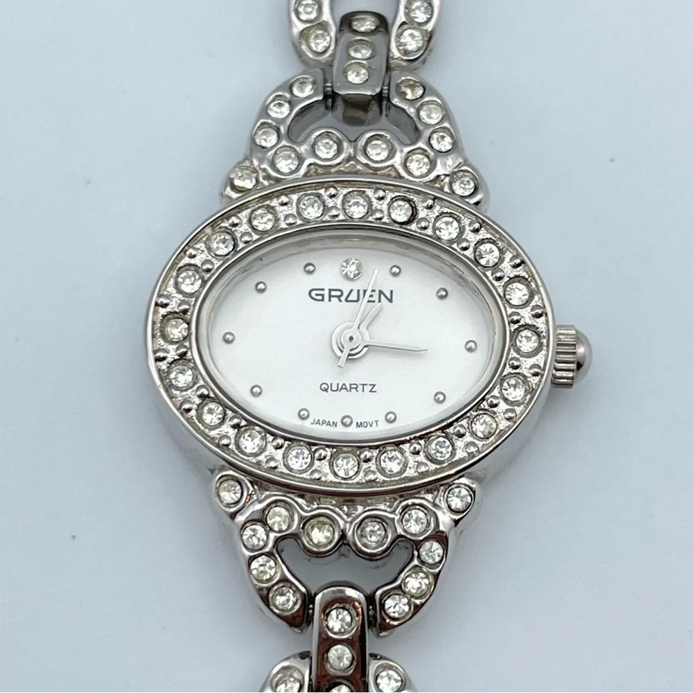 Gruen Pearl & Crystal Bracelet Watch Silver Tone Japan Quartz New Battery